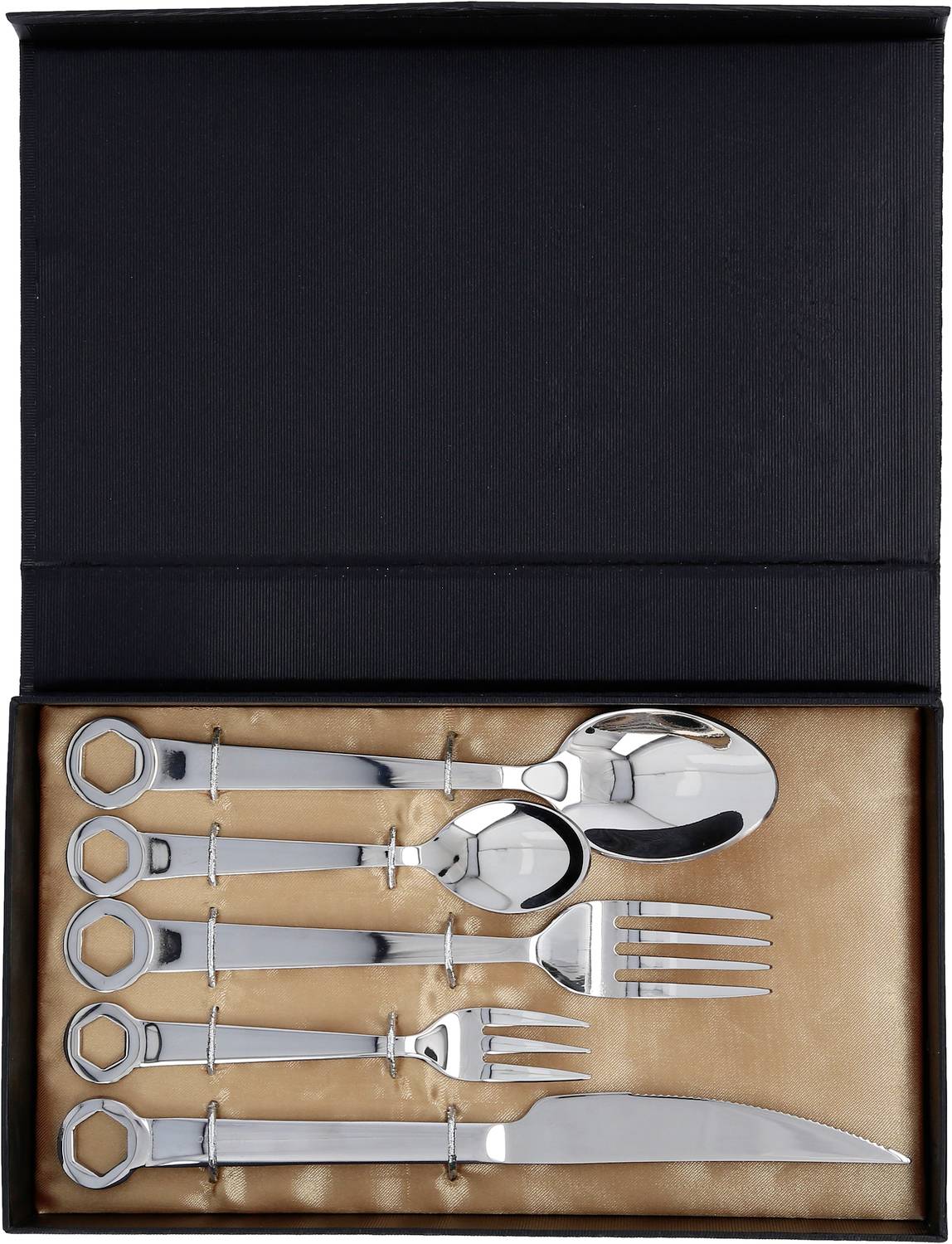 Besteckset aus Edelstahl mit einem Löffel, einer Gabel, einem Messer und drei kleinen Gabeln in einer schwarzen Schachtel.