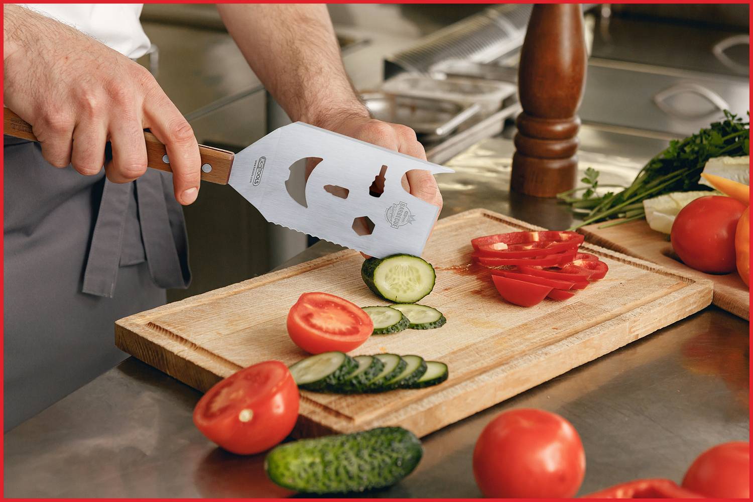 Ein Koch schneidet Gurken und Tomaten auf einem Holzbrett in einer Küche. Im Hintergrund liegen weitere Gemüse und Gewürze.