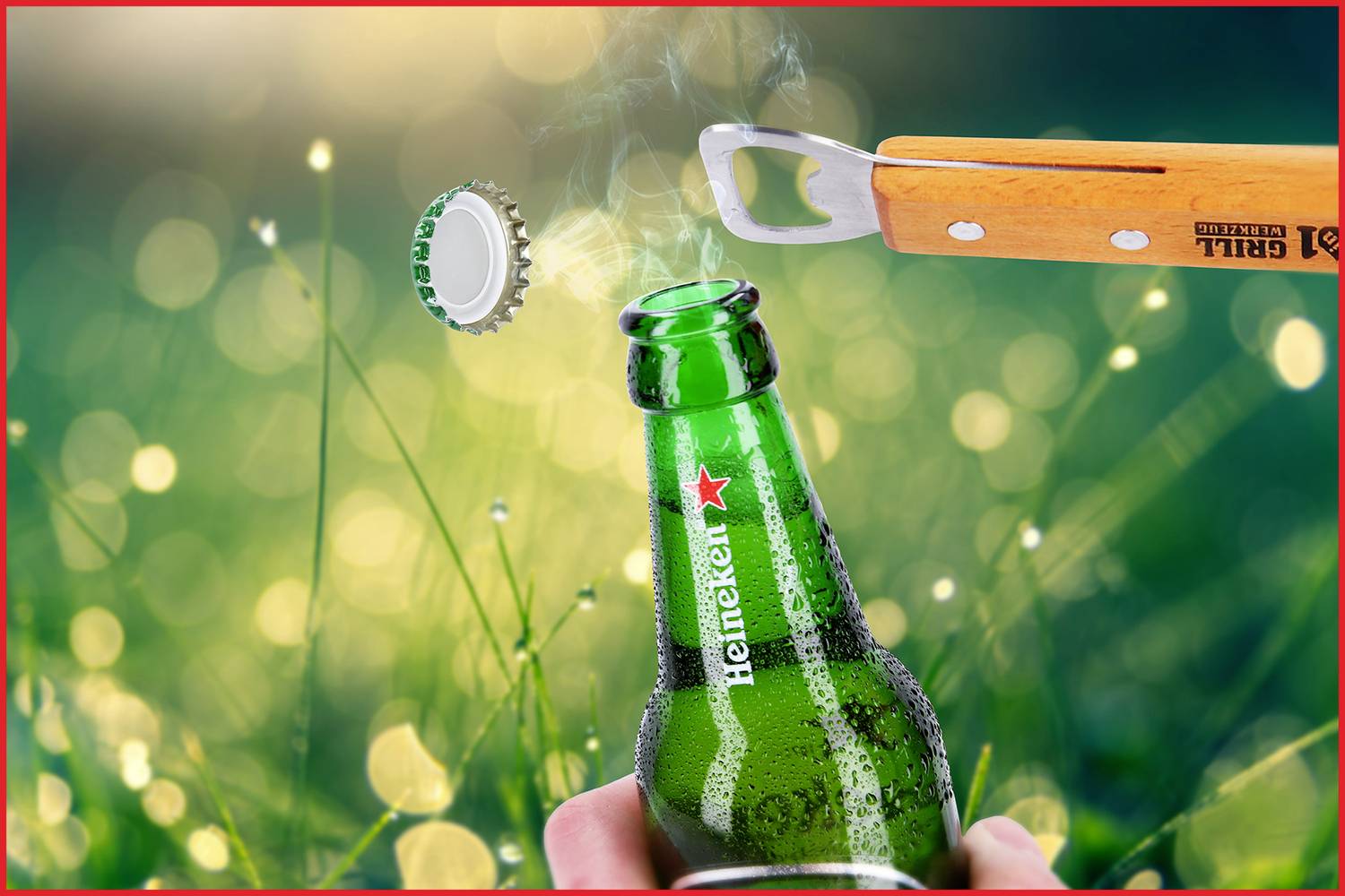 Grüne Bierflasche von Heineken wird mit einem Flaschenöffner geöffnet, Kronkorken fliegt ab, Hintergrund zeigt unscharfes Gras und Lichtpunkte.