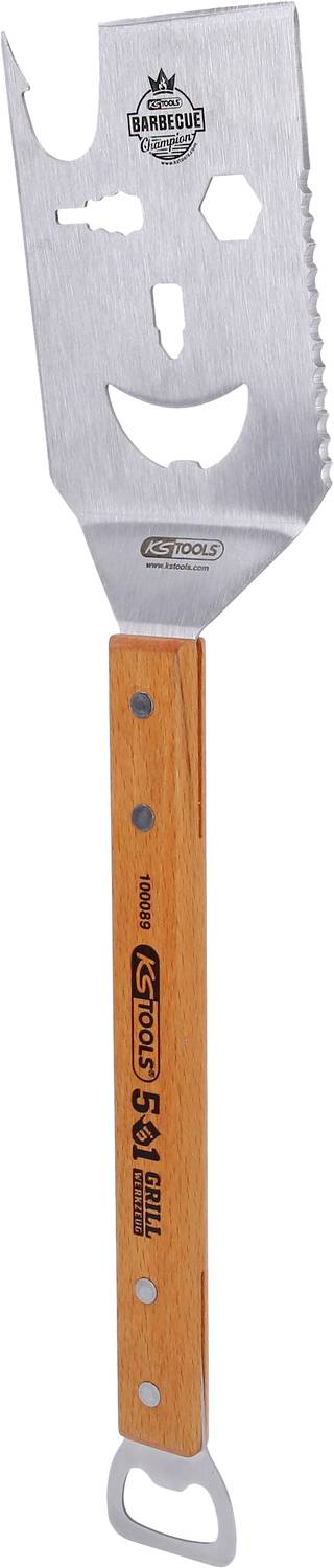 Grillwerkzeug aus Metall mit Holzgriff. Es hat verschiedene Öffnungen zum sicheren Wenden und Servieren von Grillgut.