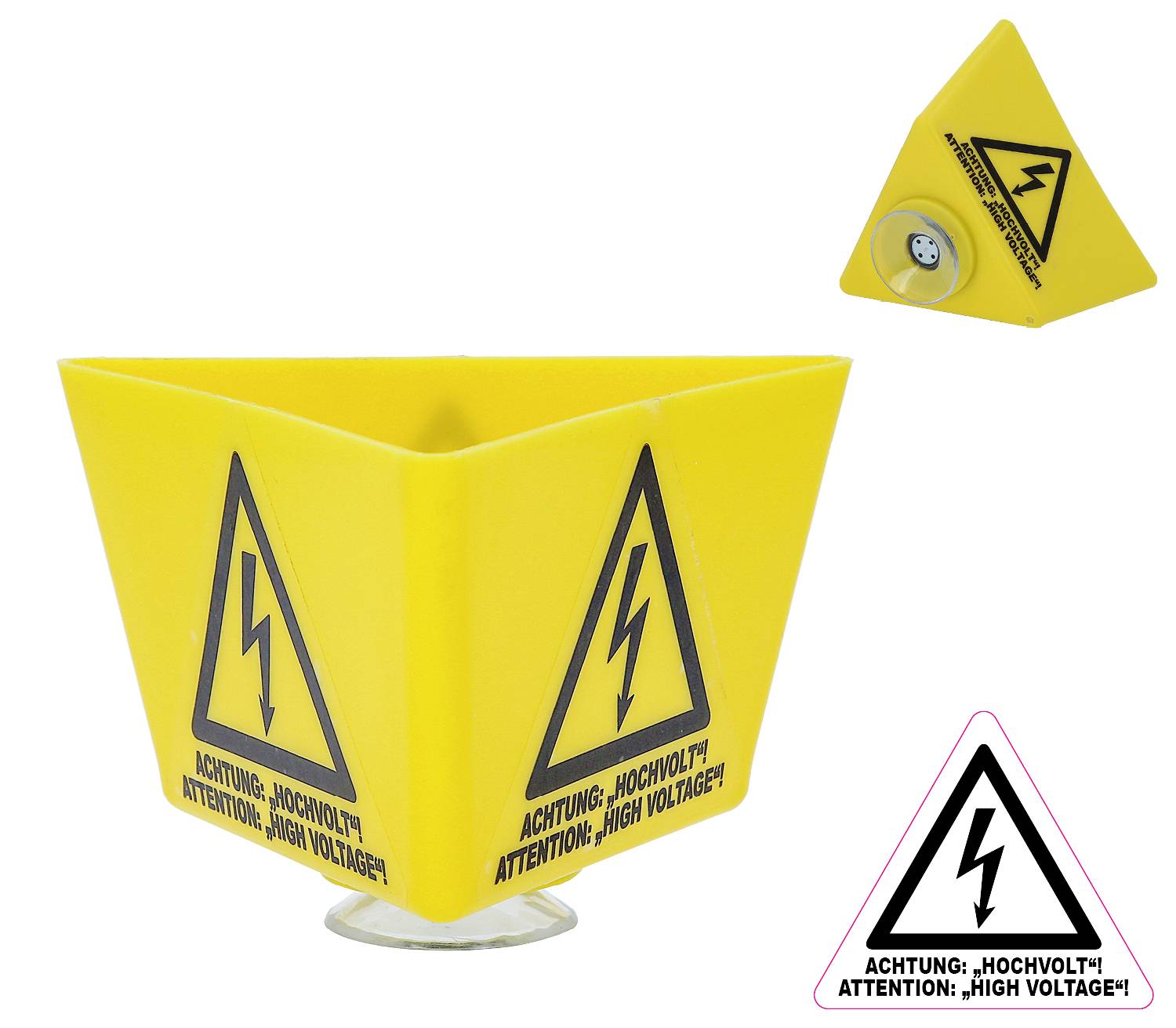 Gelbes Warnschild mit Blitzsymbol und Text 'Achtung, Hochvolt! Attention, High Voltage!' warnt vor elektrischer Gefahr.