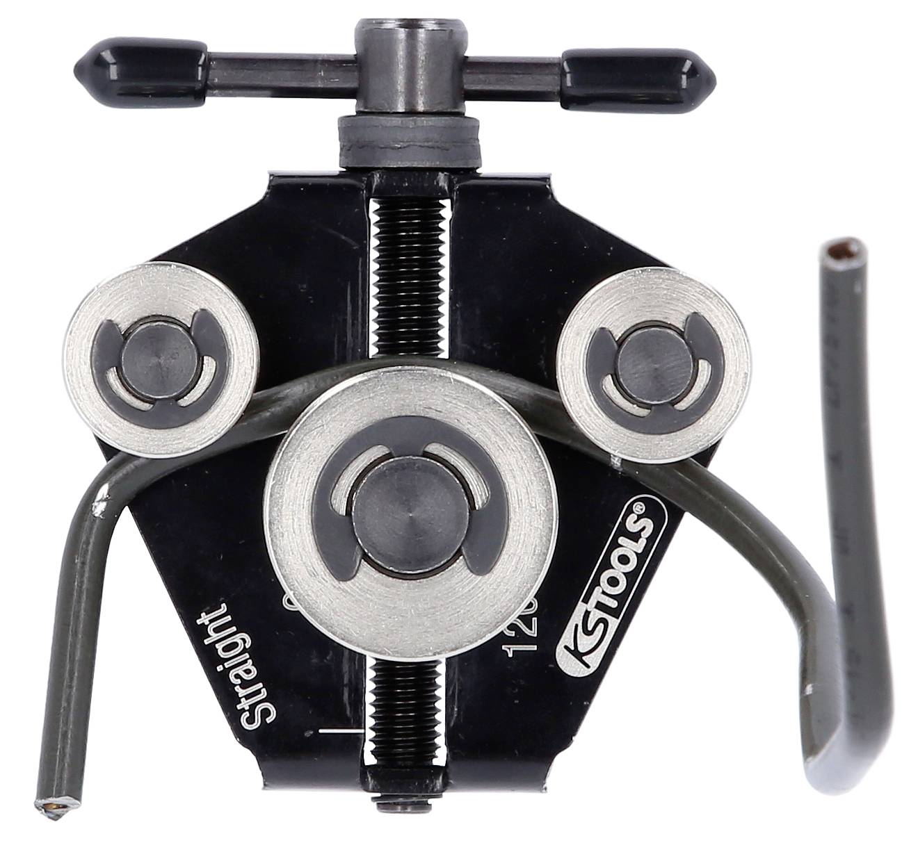 Ein Werkzeug von KS Tools zur Bearbeitung von Metallrohren, vermutlich eine Abkant- oder Bördelvorrichtung, mit mehreren Schrauben.