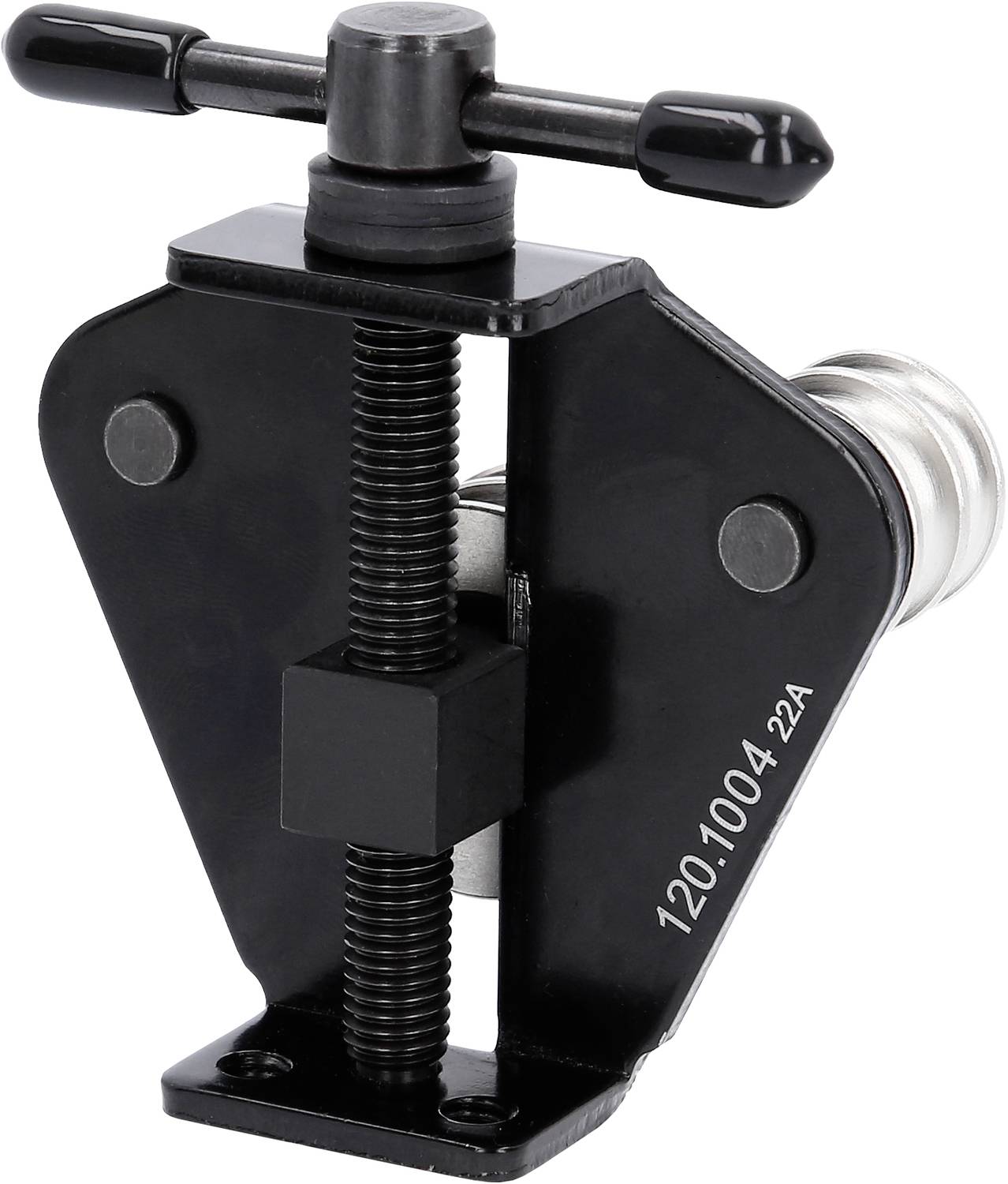 Metallklemmschraubstock mit Kurbelgriff, schwarzes Finish, identifizierbare Nummer '120.1004 22A'. Verwendet zum Sichern von Objekten.