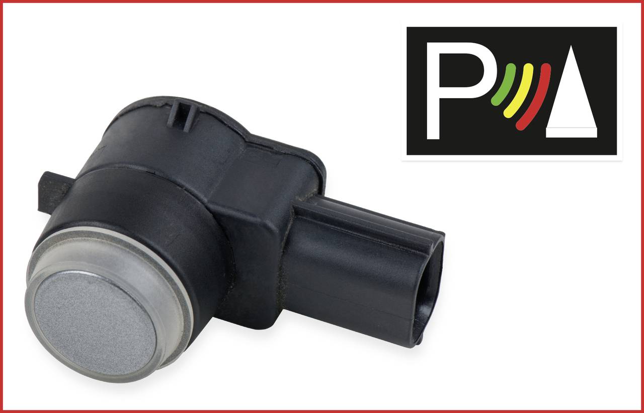 Ein Parksensor, meist in Stoßstangen verwendet, rechts daneben ein Symbol mit 'P' und farbigen Wellen zur Anzeige des Abstands.
