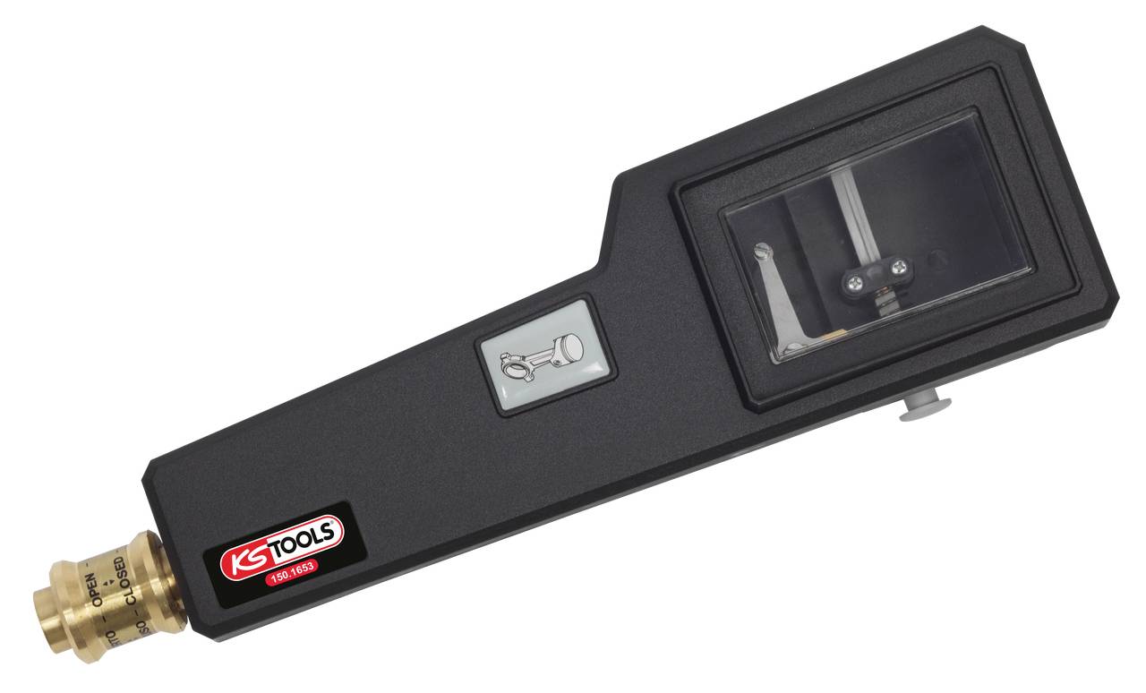 Ein schwarzes Manometer von KS Tools zum Messen des Drucks in Gasleitungen, mit Messanzeige und Messingverbindung.