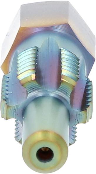 Nahaufnahme eines metallischen Bauteils mit Sechskantkopf und Gewinden. Das Teil hat eine blaugrüne schimmernde Oberfläche.