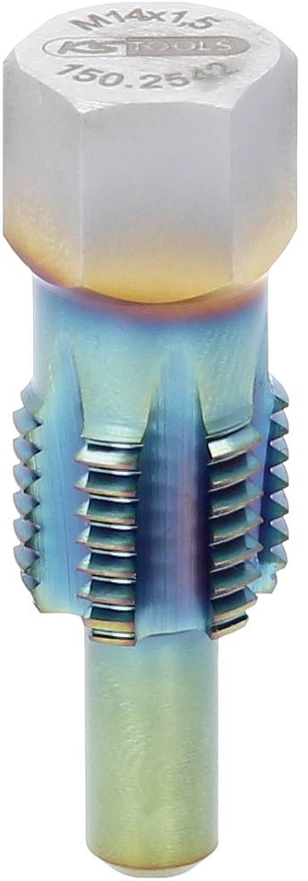 Ein farblich behandelt wirkender Gewindebohrer mit hexagonalem Kopf und Beschriftung. Geeignet für präzise Gewindeherstellung.