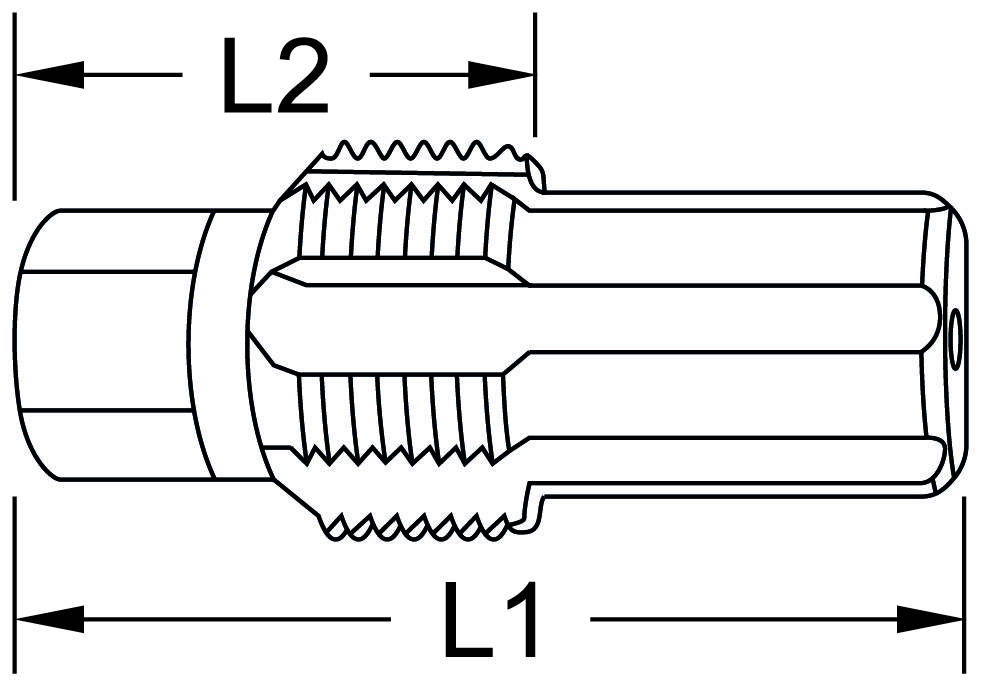 Technische Zeichnung eines zylindrischen Bauteils mit zwei Maßen: L1 und L2. Das mittlere Segment hat ein Gewinde.
