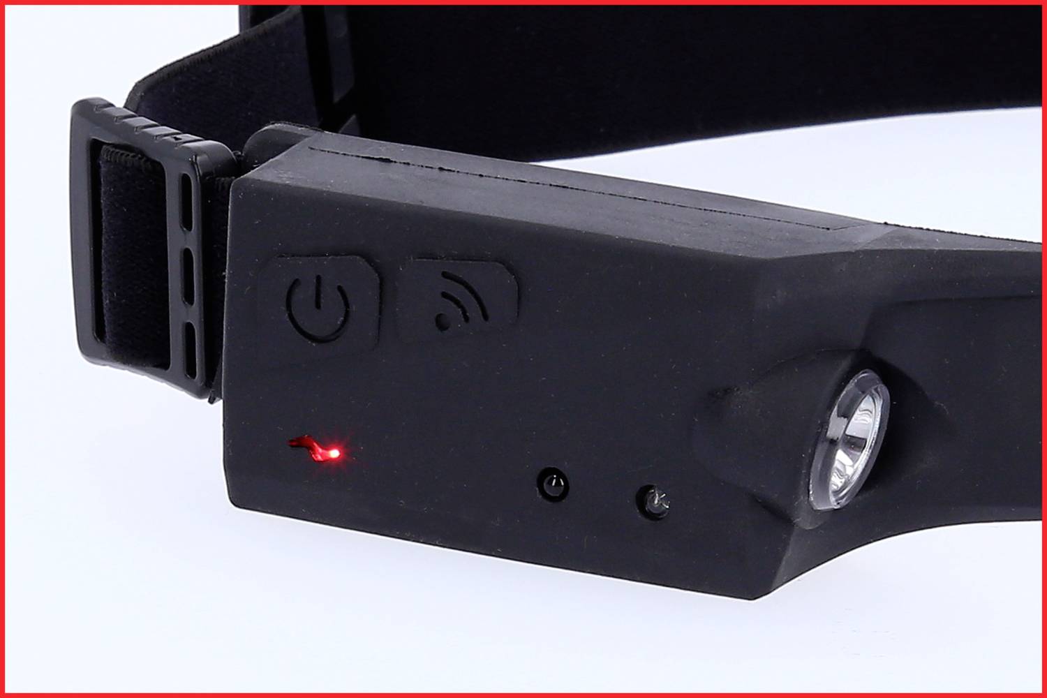 Schwarzes Stirnbandgerät mit Bedientasten für Power und Wi-Fi, rotem Leuchtanzeiger und seitlicher Lampe, Ansicht von der Seite.