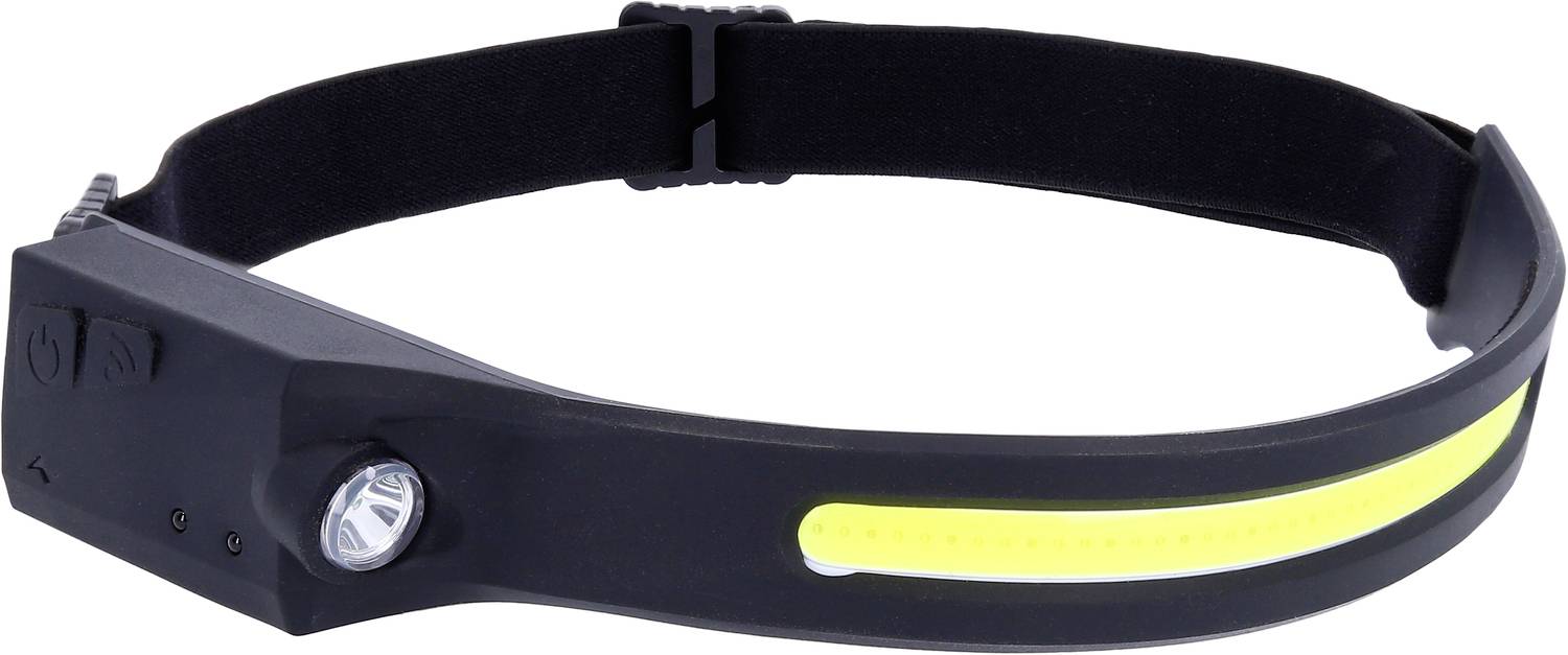 Schwarzes Stirnband mit integriertem LED-Licht und gelbem Streifen, geeignet für Freizeitsport und Outdoor-Aktivitäten bei Dunkelheit.