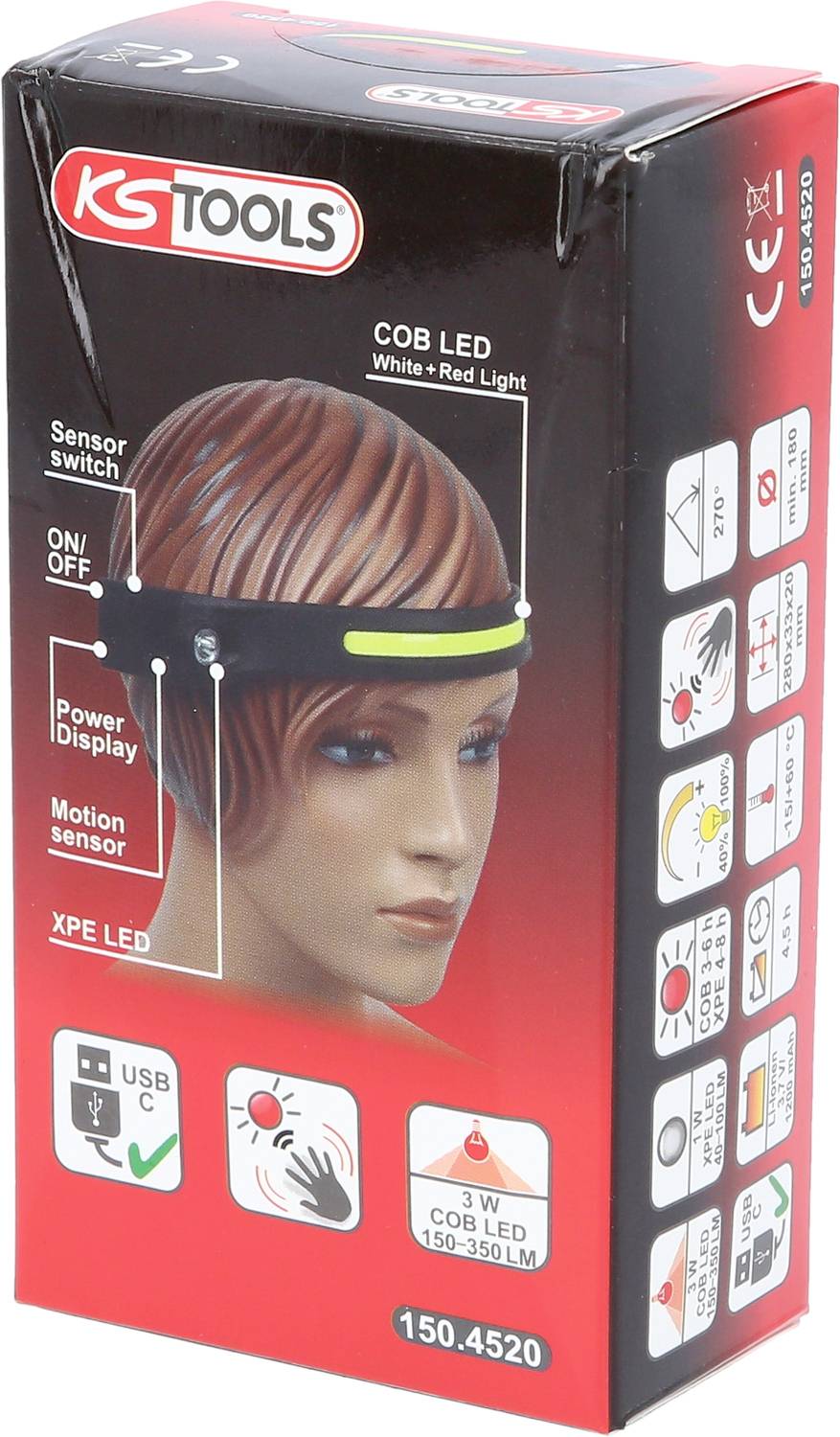 Verpackung einer Stirnlampe mit COB LED, Bewegungsmelder, USB-C-Anschluss und Leistungsanzeige. Anzeige von weißen und roten LEDs.