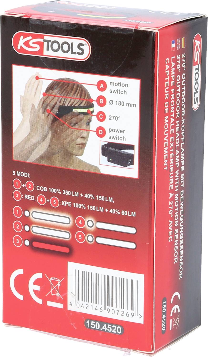 Die Verpackung einer Kopflampe mit Bewegungssensor. Zeigt einen Mann, der die Lampe trägt und den Bewegungsschalter in einem 270°-Bereich aktiviert.