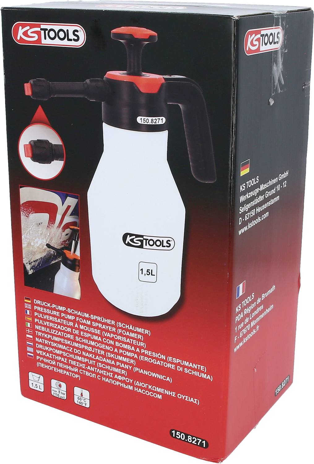 Eine 1,5-Liter-Schaumsprühflasche von KS Tools. Sie ist hauptsächlich weiß mit schwarzem Griff und wird in einer rot-schwarzen Verpackung gezeigt.