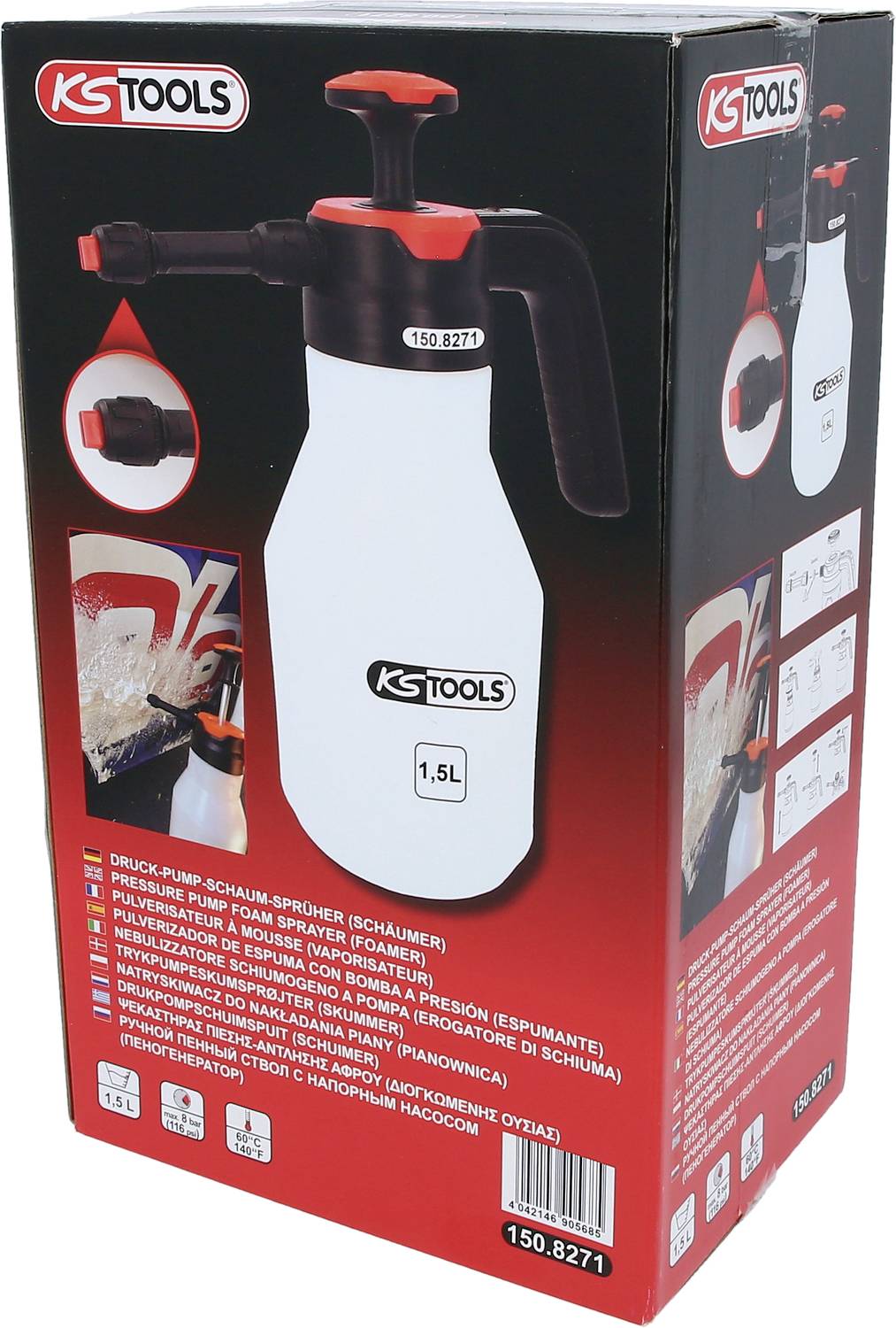 Kartonschachtel mit einem 1,5L Druckpump-Schaumsprüher von KS Tools, abgebildet mit Schaum und Produktdetails auf der Verpackung.