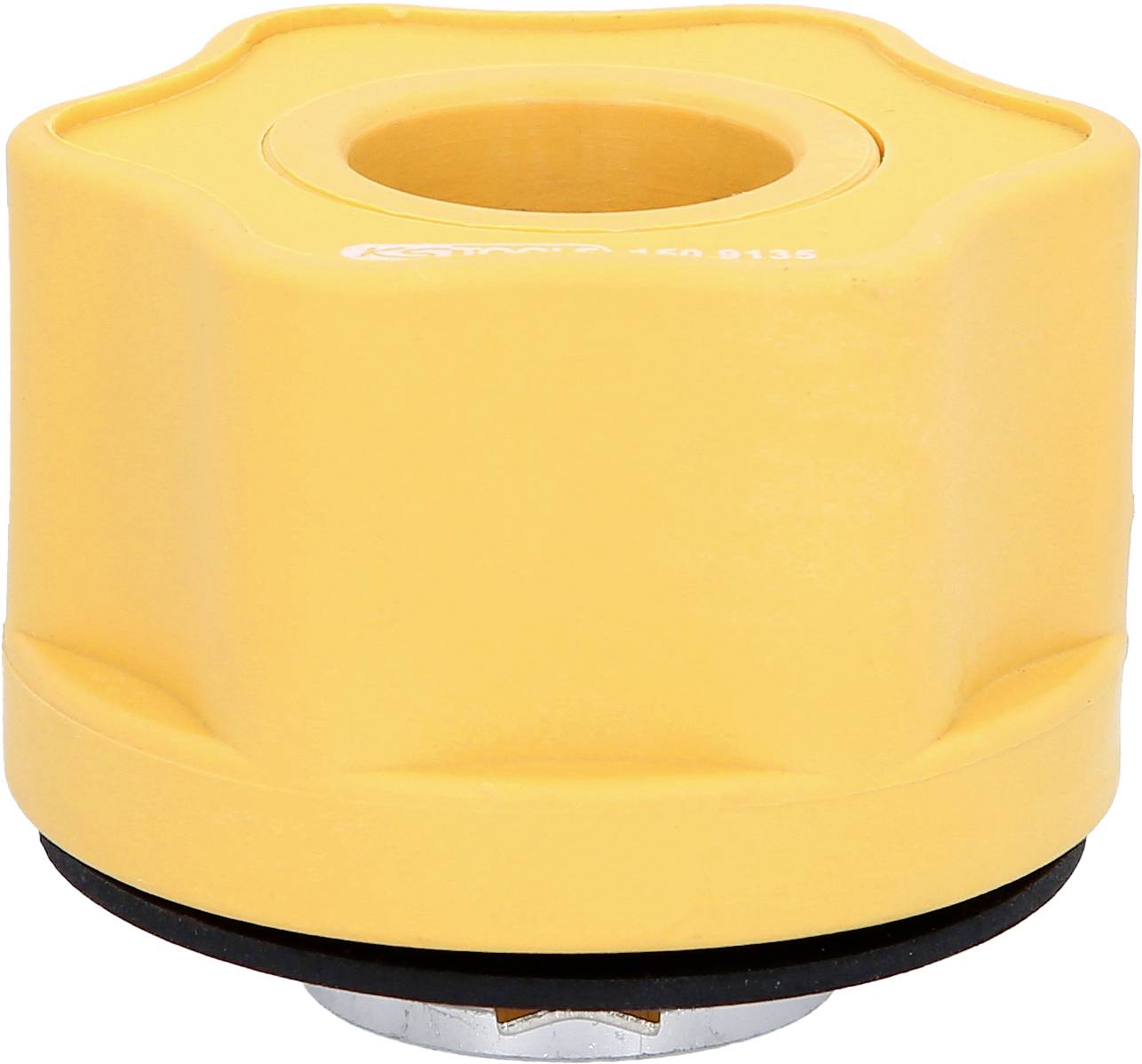 Ein gelber Wasserfilteradapter mit rundem Gehäuse und Loch in der Mitte.