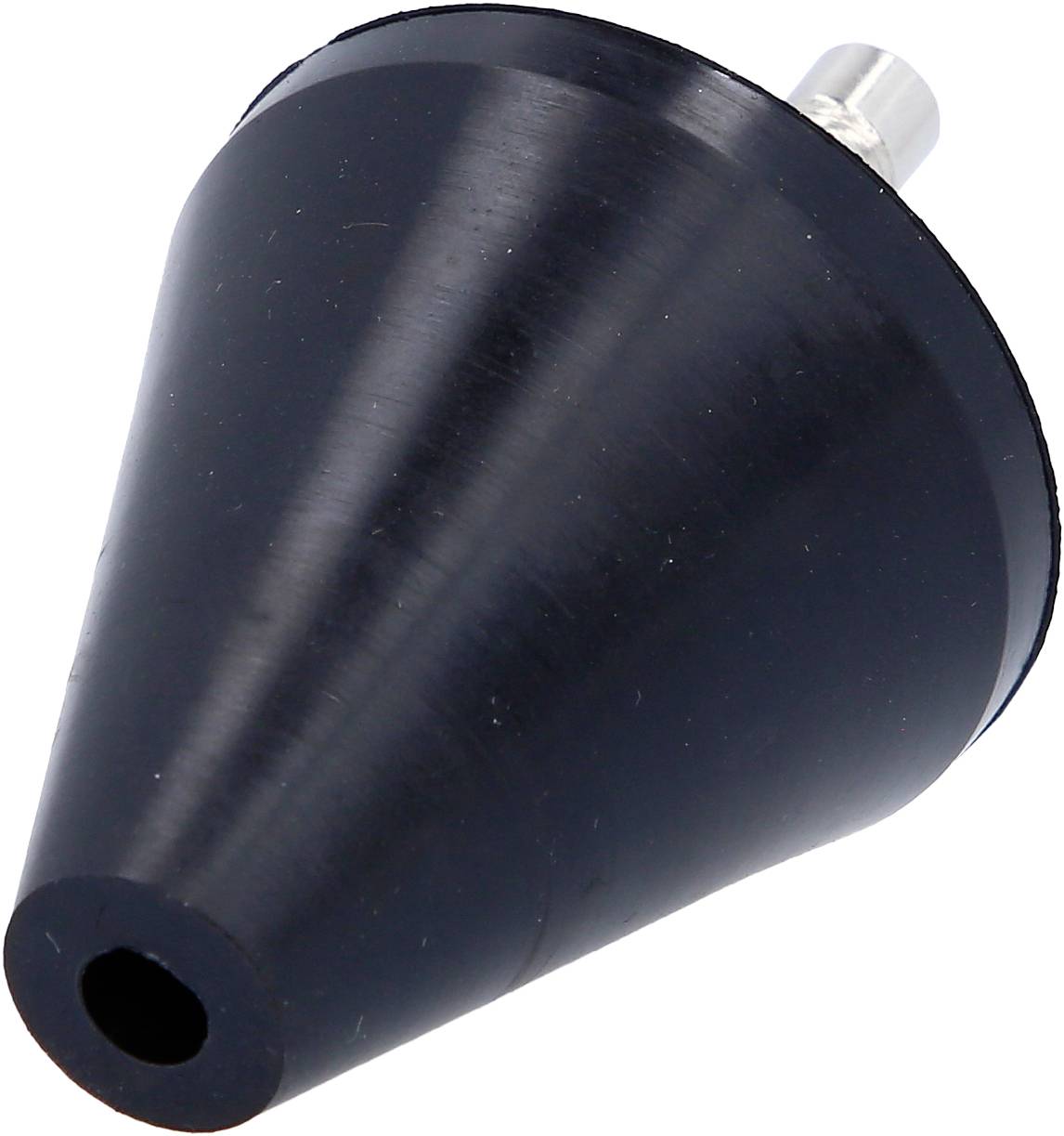 Ein schwarzer, konischer Gummipropfen mit einem Metallstab an der Spitze. Ideal zur Abdichtung oder Fixierung von Öffnungen.