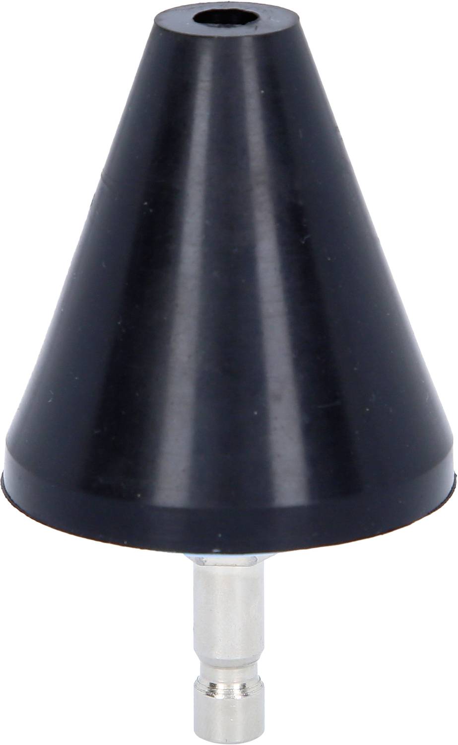 Schwarzer Kegelaufsatz aus Kunststoff mit einem Metallstift an der Unterseite. Wird wahrscheinlich als Werkzeugaufsatz verwendet.