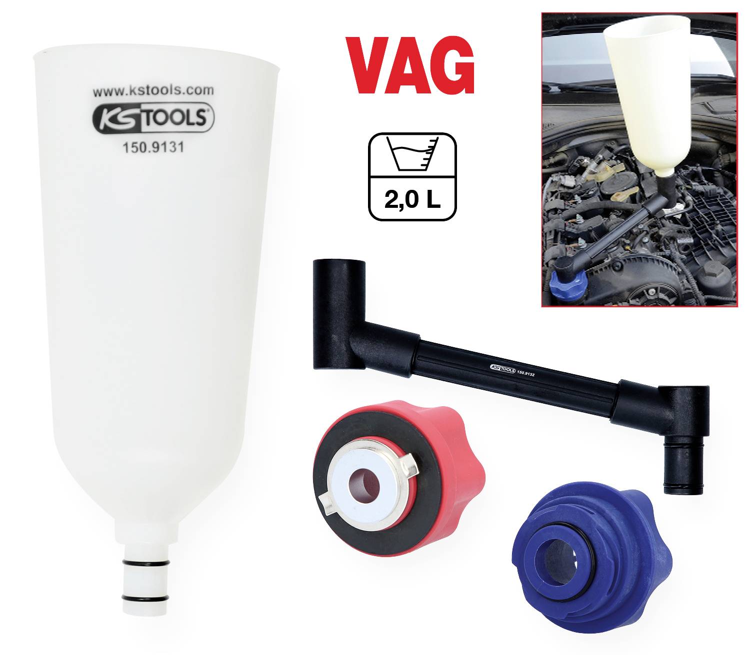 'Motoreinfülltrichter-Set' für 'VAG 2,0 L' im Bild mit Zubehörteilen und Anwendung im Motorraum gezeigt. Ideal für präzises Einfüllen.