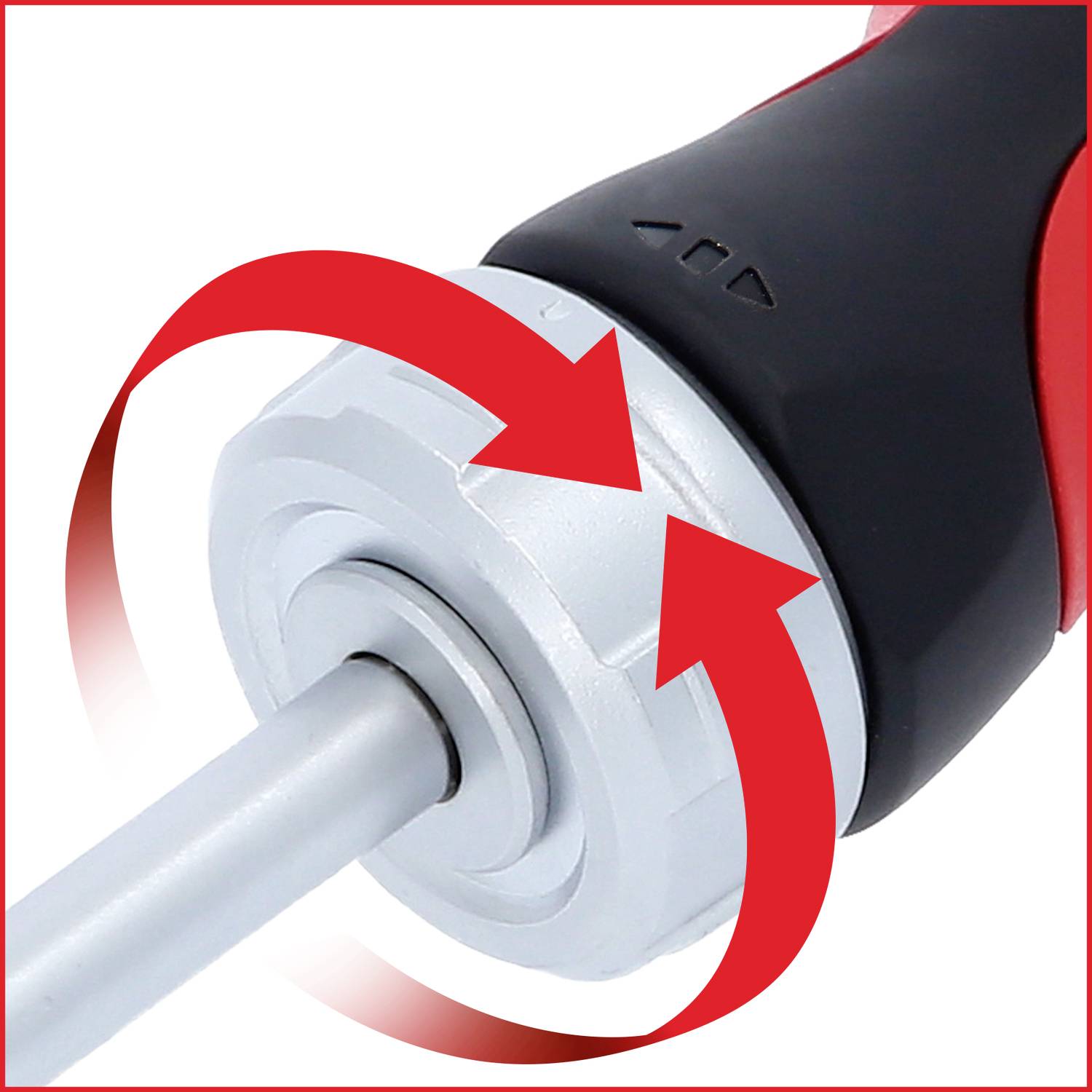 Nahaufnahme eines Schraubendrehers mit Pfeilen, die die Drehrichtung zur Befestigung oder Lösung einer Schraube anzeigen.