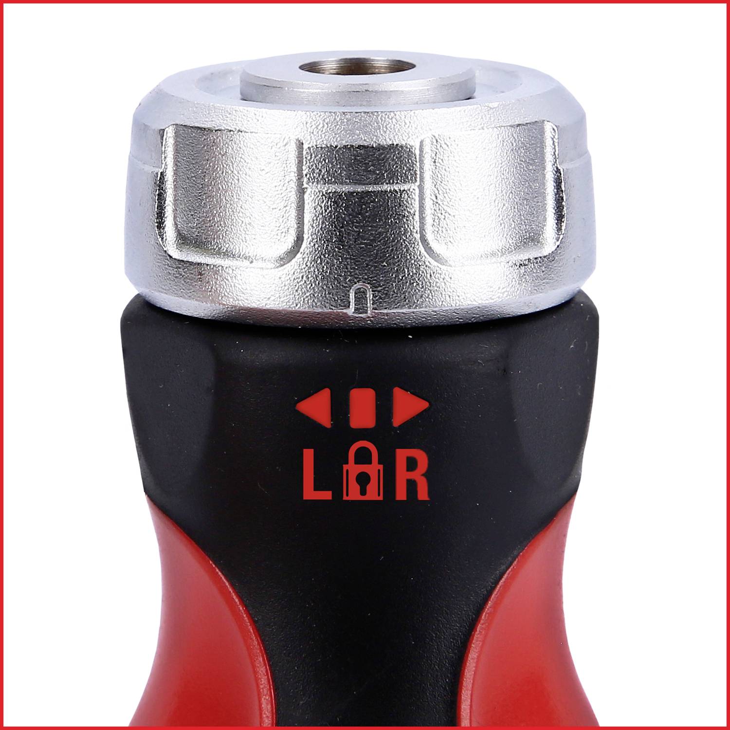 Ein Nahaufnahme eines Werkzeugs mit rotem und schwarzem Griff und einer silbernen Metallspitze. Darauf befinden sich ein Schloss-Symbol und die Buchstaben 'L' und 'R'.