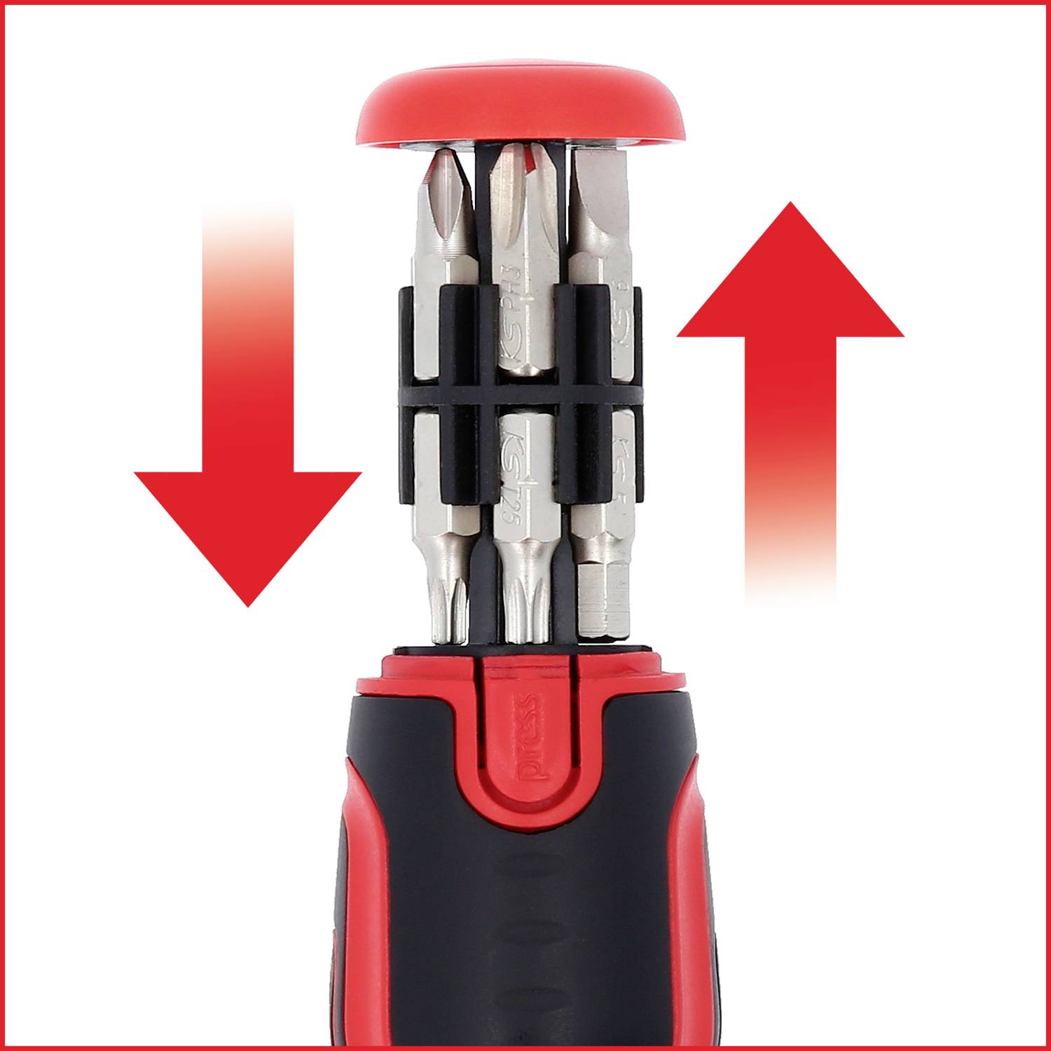 Schraubenzieher mit mehreren Bits im Griff. Rote Pfeile zeigen Richtungen an: nach unten (Bits herausnehmen) und nach oben (Bits einstecken).