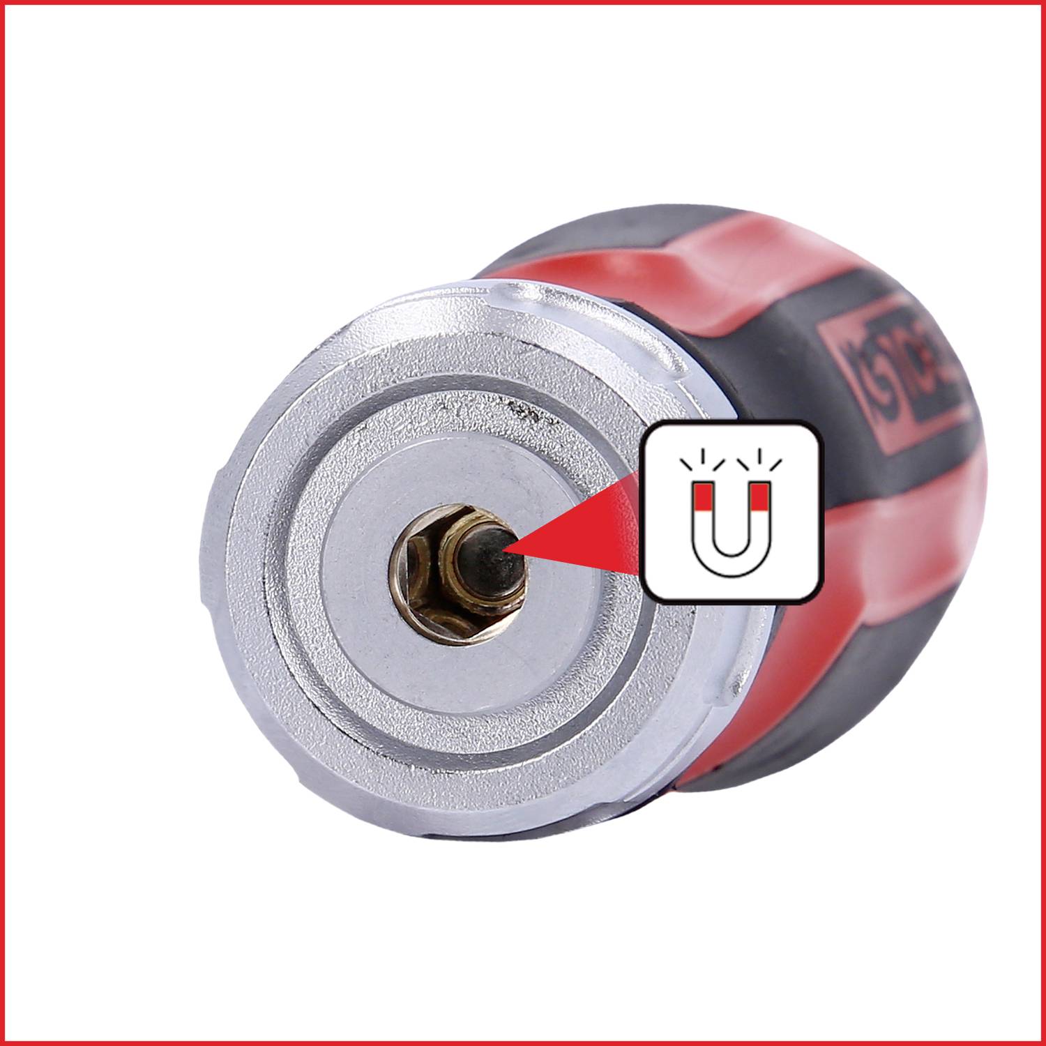 Nahaufnahme eines Schraubendreherkopfs mit magnetischem Symbol. Highlightet die magnetische Spitze zum Halten von Schrauben.