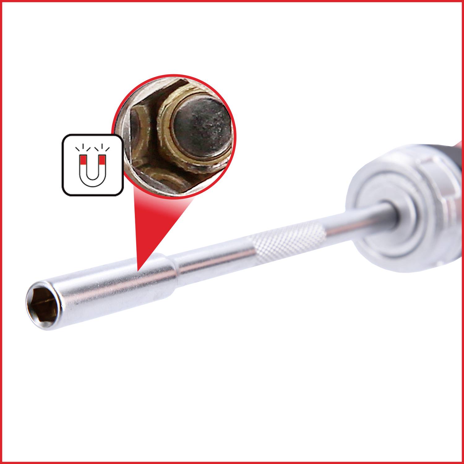 Ein silberner Schraubendreher mit magnetischer Spitze wird gezeigt. Ein vergrößerter Einsatz zeigt, wie die Spitze Schrauben anzieht.