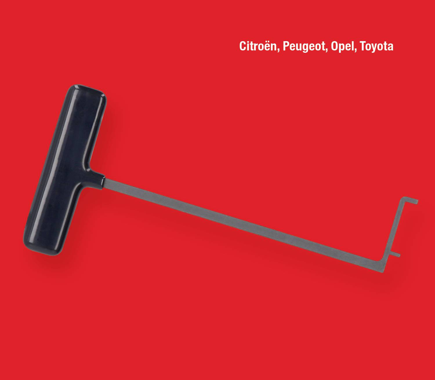 Ein schwarzes Werkzeug auf rotem Hintergrund, möglicherweise ein Entriegelungswerkzeug für Autotüren, Marken aufgelistet: Citroën, Peugeot, Opel, Toyota.