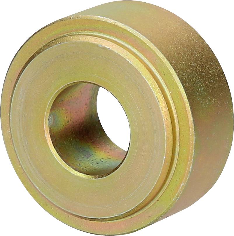 Ein bronzefarbenes, rundes Metalllager mit Loch in der Mitte, auf weißem Hintergrund.