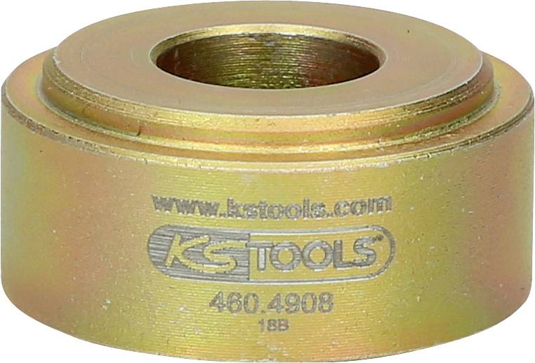 Goldfarbene Metallbuchse mit Gravur 'www.kstools.com' und 'KS TOOLS 460.4908 18B'. Mechanisches Werkstück, zylindrisch geformt.