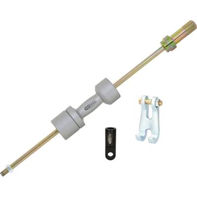 Abgebildet ist ein grauer Torsionsstabilisatorstab mit zwei Metallklammern und einem kleinen schwarzen Befestigungsteil daneben.