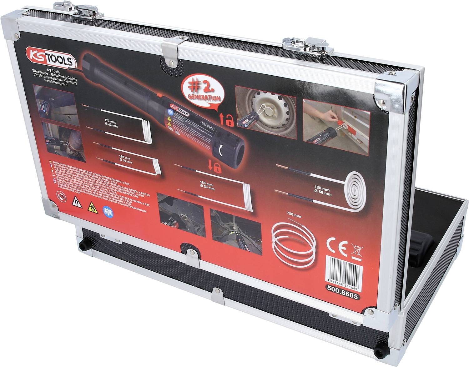 Metallkoffer mit Werkzeugset von KS Tools, enthaltend einen Induktionsheizstab und Zubehör für mechanische Anwendungen.