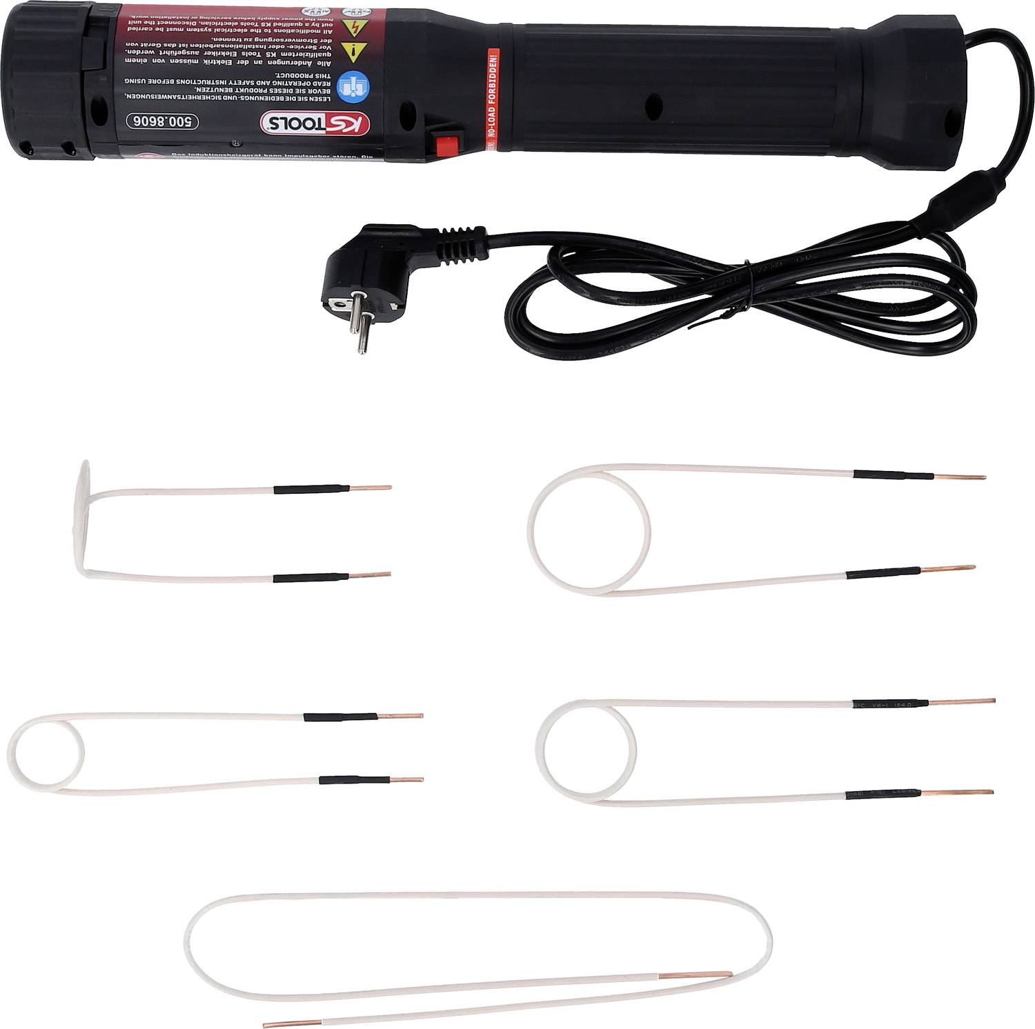 Ein elektrischer Widerstandsschneider mit sechs individuell geformten Schneidedrähten und einem europäischen Stecker oben.