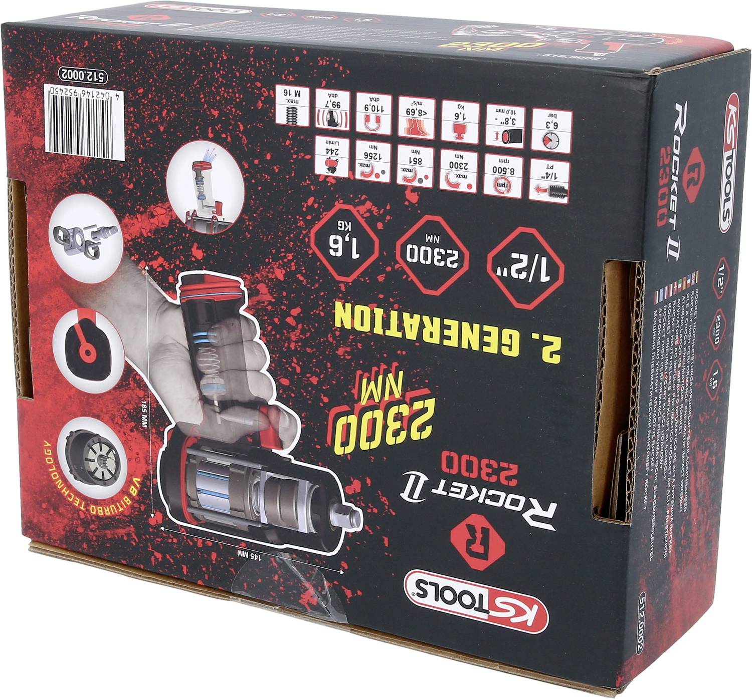 'KS Tools Rocket 2300 NM 1/2" Schlagschrauber' Verpackung zeigt Produktmerkmale wie 2300 Newtonmeter Drehmoment und 2. Generation.