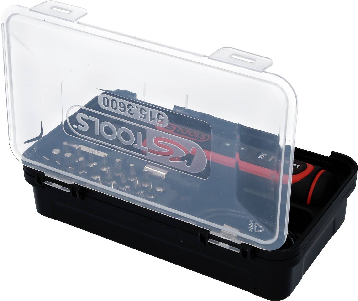 'Werkzeugset in einer transparenten Box mit Schraubendreher und mehreren Bits. Aufschrift auf der Box: "KSTOOLS".'