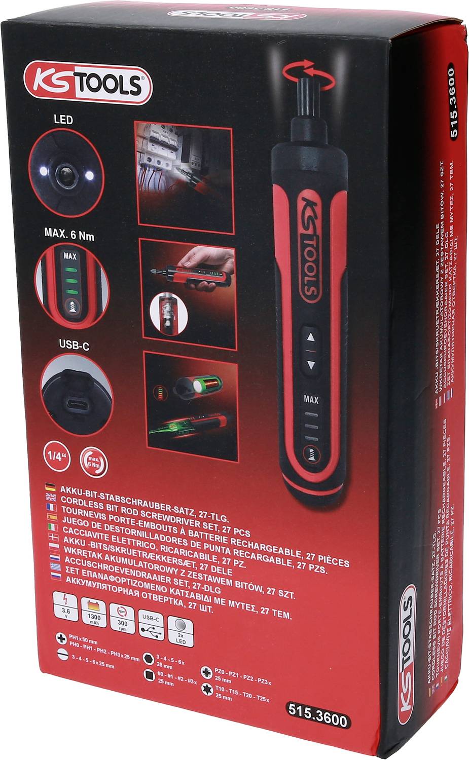 Elektrischer Schraubendreher von KS Tools. Verpackung zeigt Produktbilder und Funktionen wie LED, USB-C-Anschluss und Drehmomentbegrenzung.