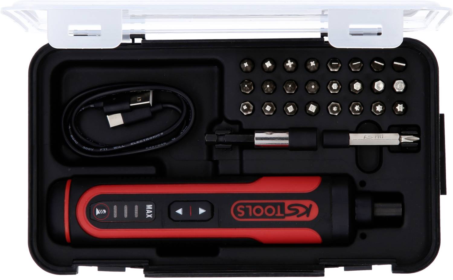 Elektrischer Schraubendreher-Set in einem Etui, inklusive USB-Ladekabel und verschiedenen Bits.