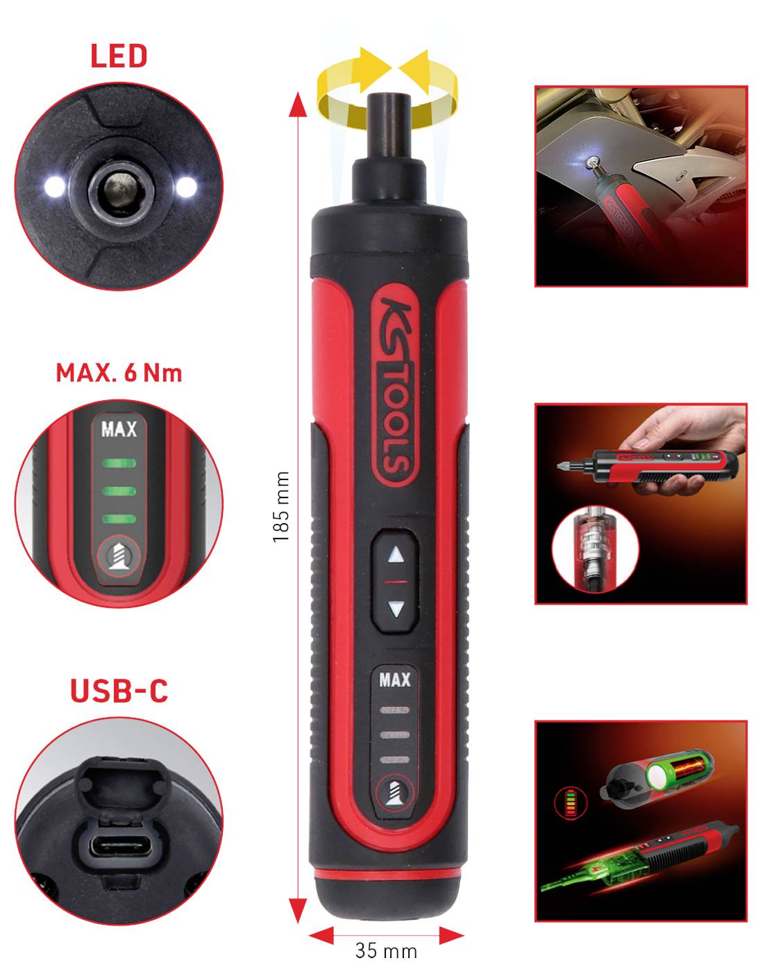 Elektrischer Schraubendreher mit USB-C-Anschluss; 6 Nm max Drehmoment; LED-Licht; Abmessungen 185 x 35 mm; schwarz-rot.