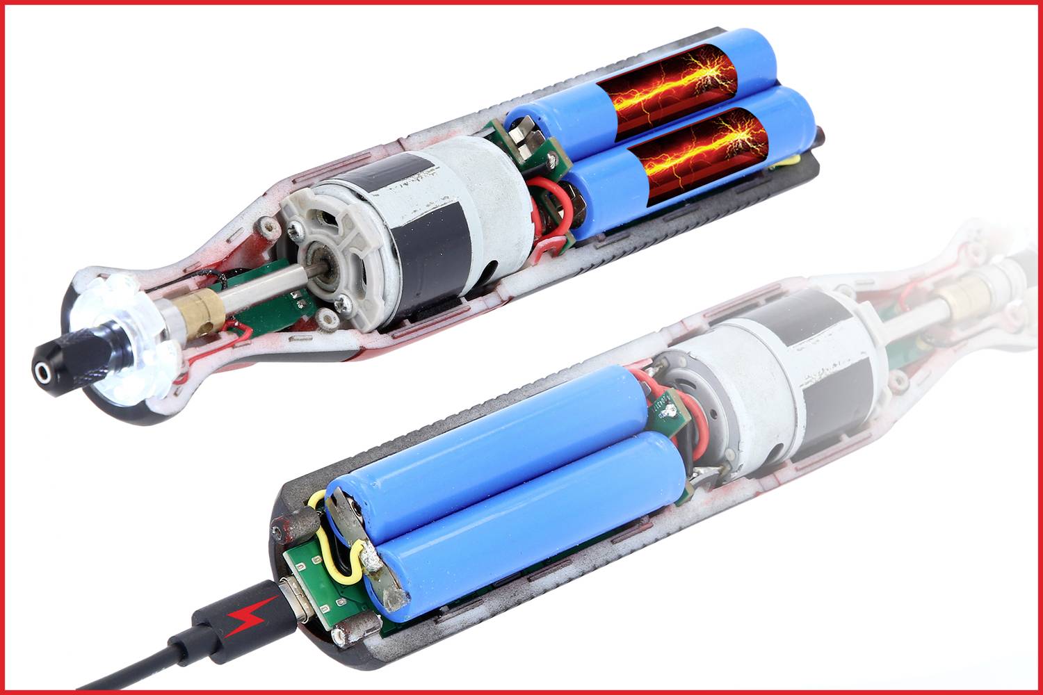 Zwei durchsichtige Gerätegehäuse zeigen interne Batterien und elektronische Komponenten, verbunden durch ein Ladekabel.