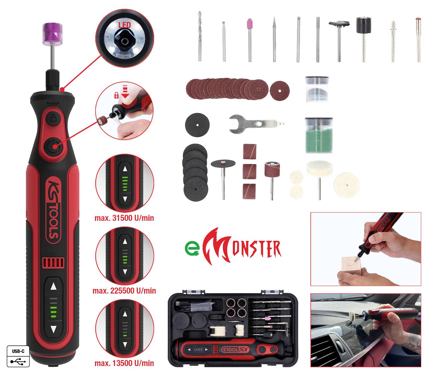 Akkubohrwerkzeug mit LED-Licht, Geschwindigkeitseinstellungen und Zubehör. Koffer mit Bohrern und Schleifaufsätzen. Anwendung im Modellbau.