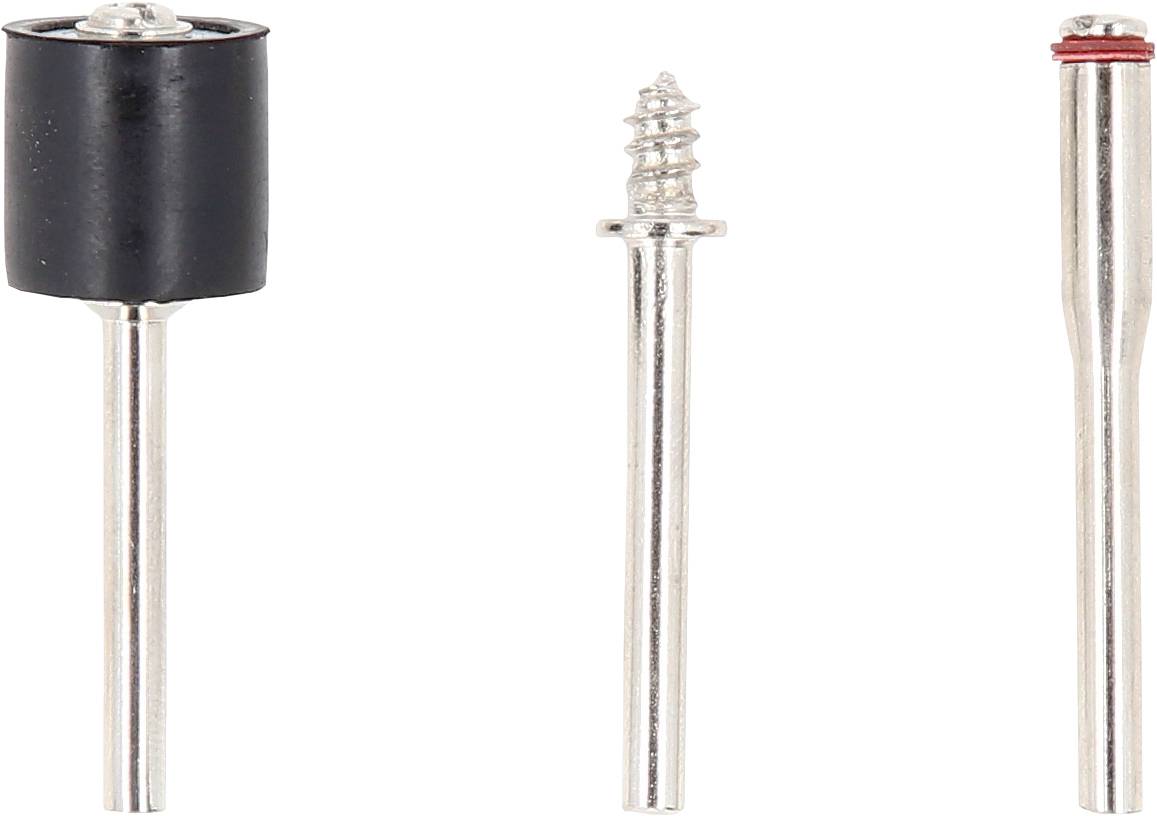 'Drei silberne Bohreraufsätze nebeneinander, mit einem schwarzen, einem spiralförmigen und einem schlanken Ende von links nach rechts.'