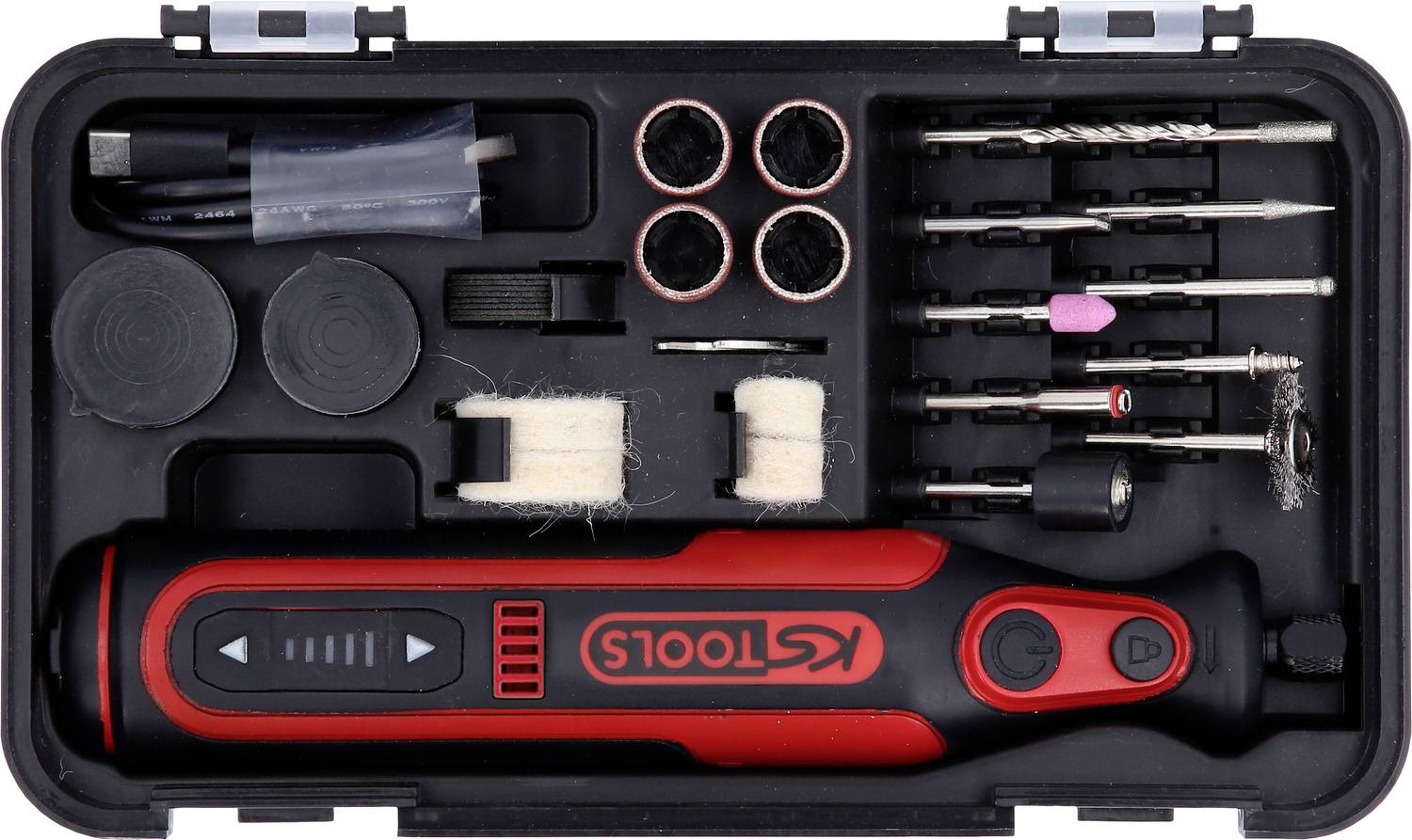 Kompaktes Werkzeugset in einem schwarzen Koffer, das einen rot-schwarzen Akku-Schleifer und verschiedene Aufsätze umfasst.