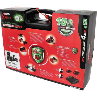 Eine rote Verpackung von KS Tools Monster Akku-Werkzeug, 18V, bürstenloser Motor, 10 Jahre Garantie, 2 Li-Ion Akkus 4.0Ah.