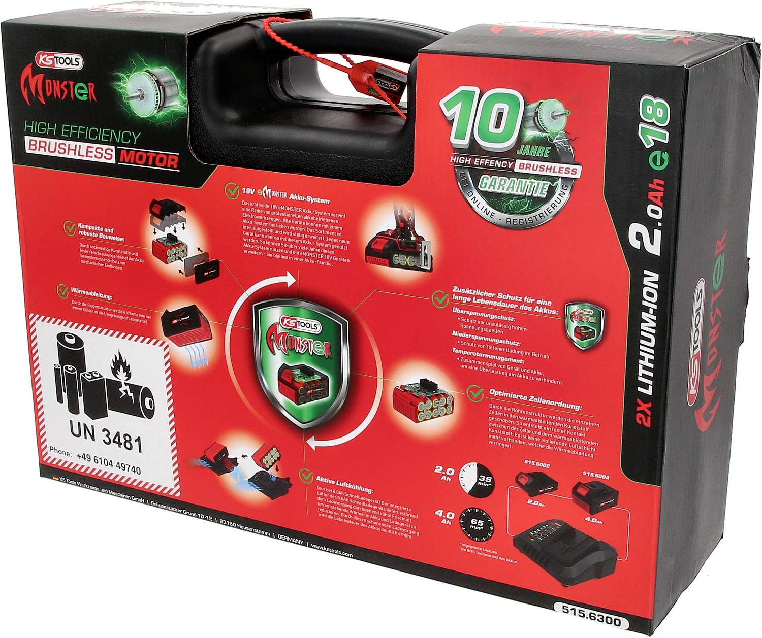 Eine rote Verpackung mit Griff zeigt Werkzeuge und informiert über einen bürstenlosen Motor, Li-Ionen-Akku sowie Zubehör.