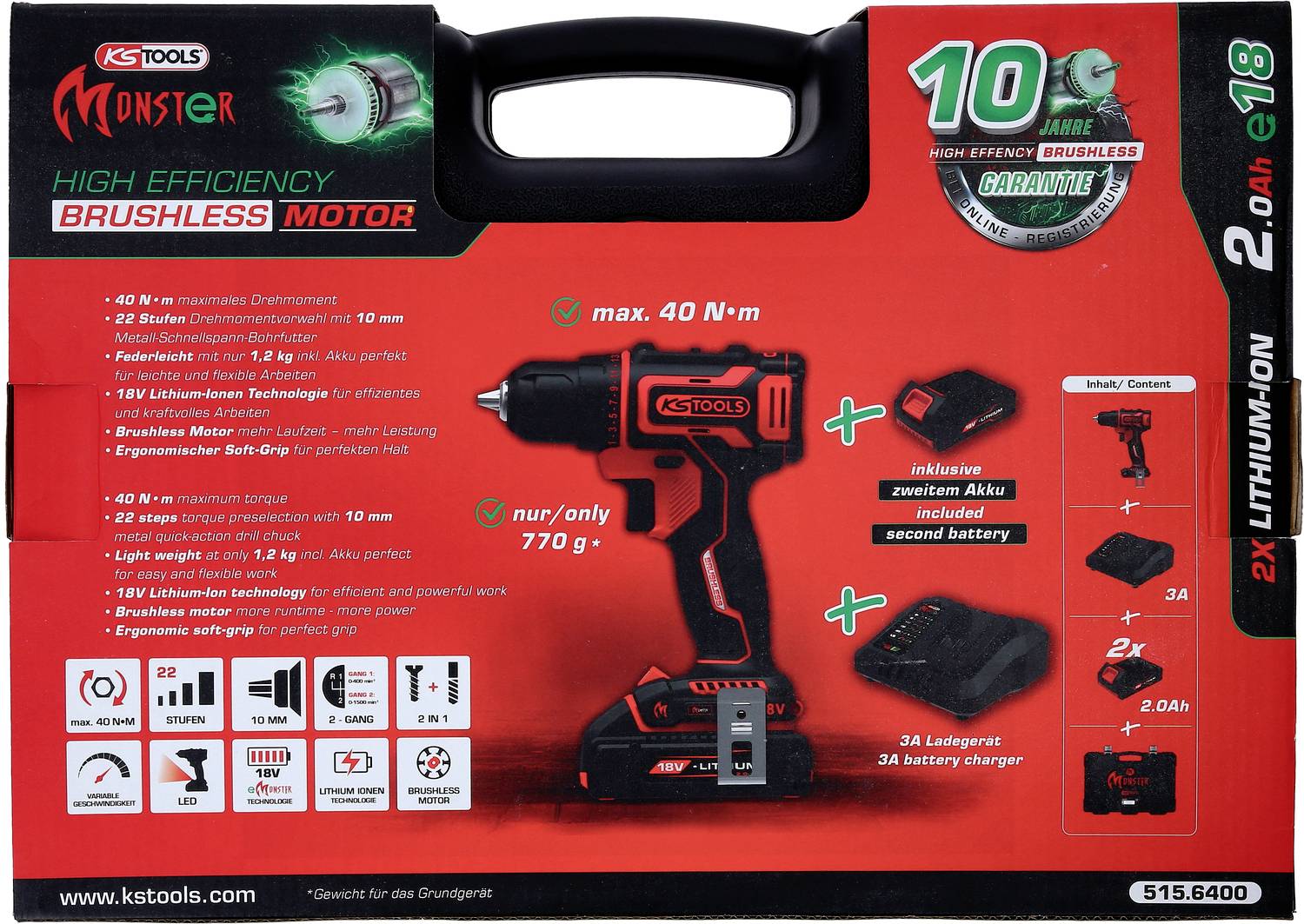 Akku-Bohrschrauber-Set in Verpackung. Text beschreibt Funktionen: hohe Effizienz, 40 Nm Drehmoment, Gewicht 770 g, inkl. Ersatzakku und Ladegerät.