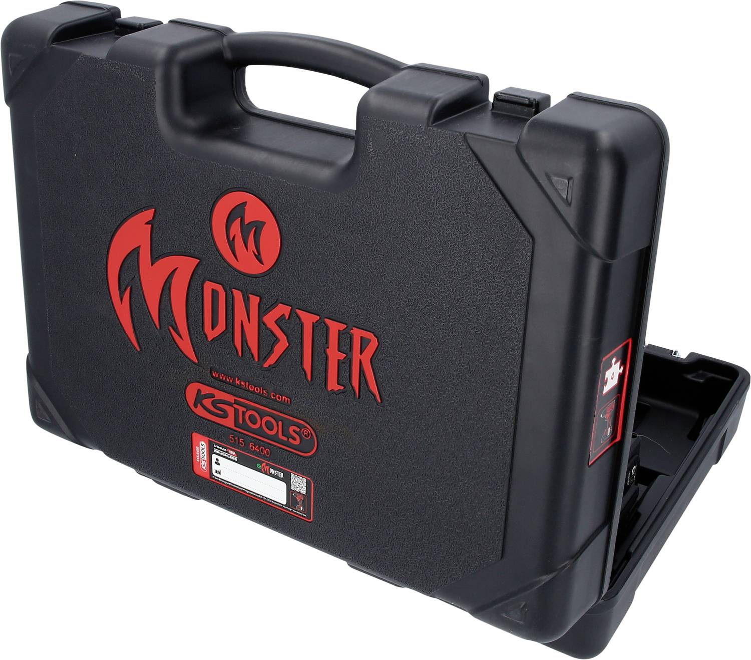 Schwarzer Werkzeugkoffer mit rotem 'Monster'-Logo und KS Tools-Branding auf der Vorderseite.