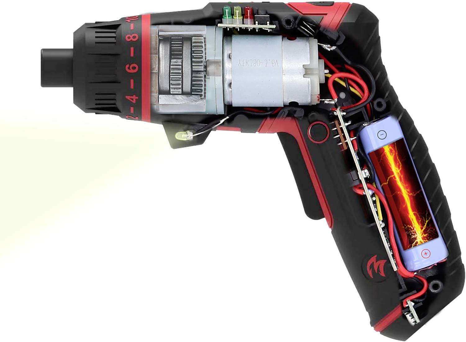 Eine elektrische Bohrmaschine im Querschnitt zeigt interne Komponenten wie Motor, Zahnrad, Kabel und Akku.