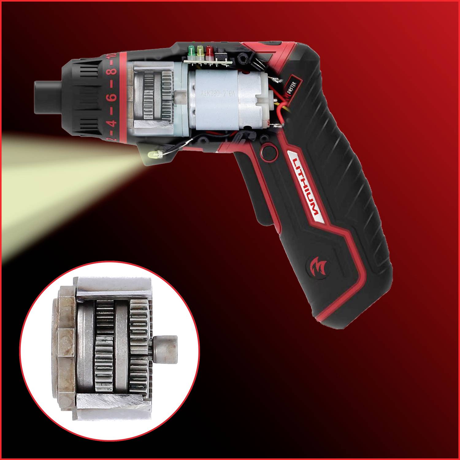 Ein elektrischer Schraubendreher mit durchsichtigem Gehäuse zeigt die inneren mechanischen Teile. Links unten ist ein vergrößertes Zahnrad sichtbar.