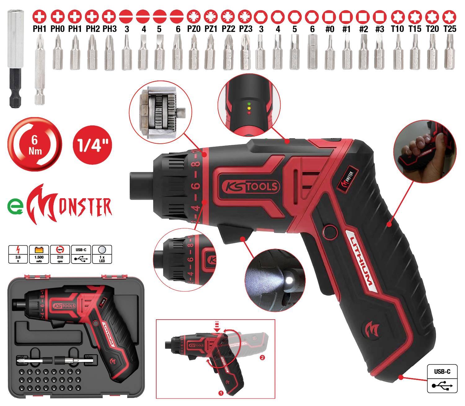 Ein roter, kabelloser Schraubendreher von KS Tools mit verschiedenen Aufsätzen. Zeigt die Drehmomentwerte und Ladestatusanzeige.