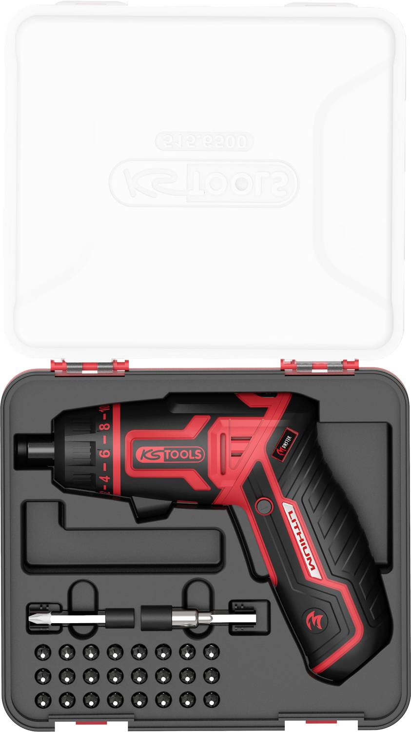 'KS Tools' Akkuschrauber-Set in Kunststoffkoffer mit Bits und Schraubendreheraufsätzen. Hauptgerät in Rot-Schwarz.